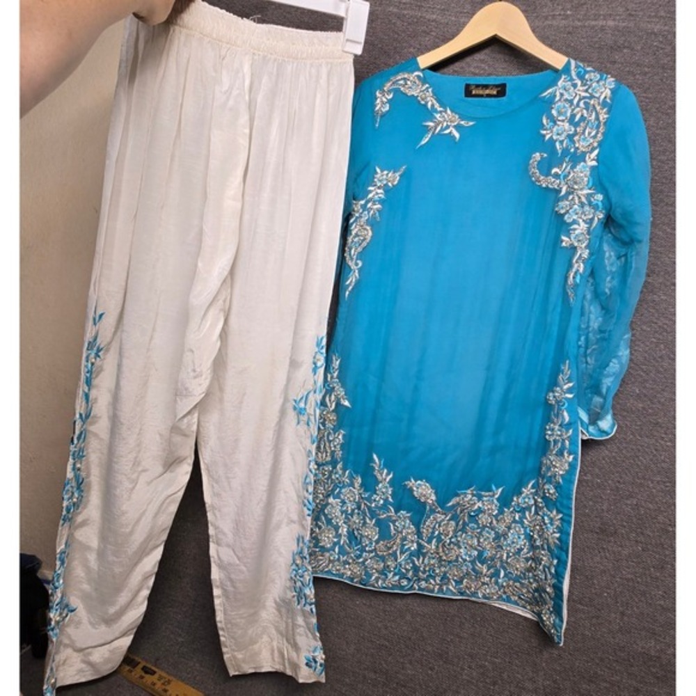 Rooh-e-Libaas Turquoise Blue‎ Embroidered Pearl Salwar Kameez Set Small
